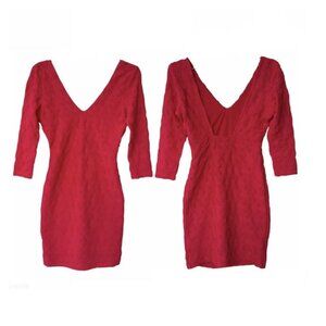 ⭐New H&M Fuchsia Pink V-Neck Pencil Mini Dress 3/4 Sleeve Ruched Bodycon Sz XS⭐